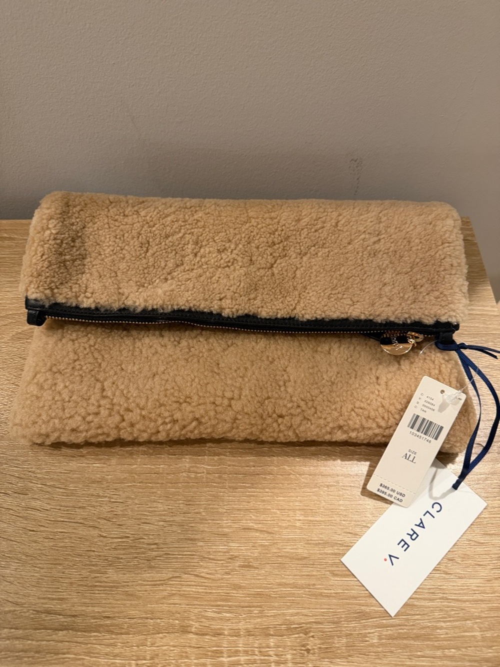 NWT Clare V Camel Shearling Fold-Over Clutch with black leather Trim